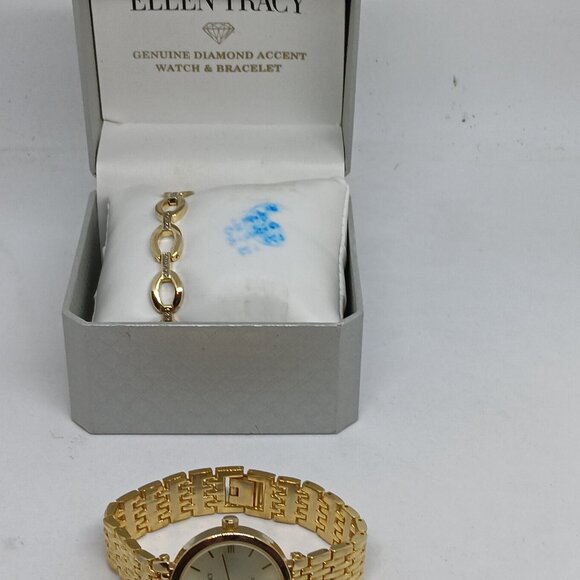 Ellen Tracy ET8065 Women's 32mm Gold Tone Diamond Dial Watch + Bracelet Set - Picture 9 of 11